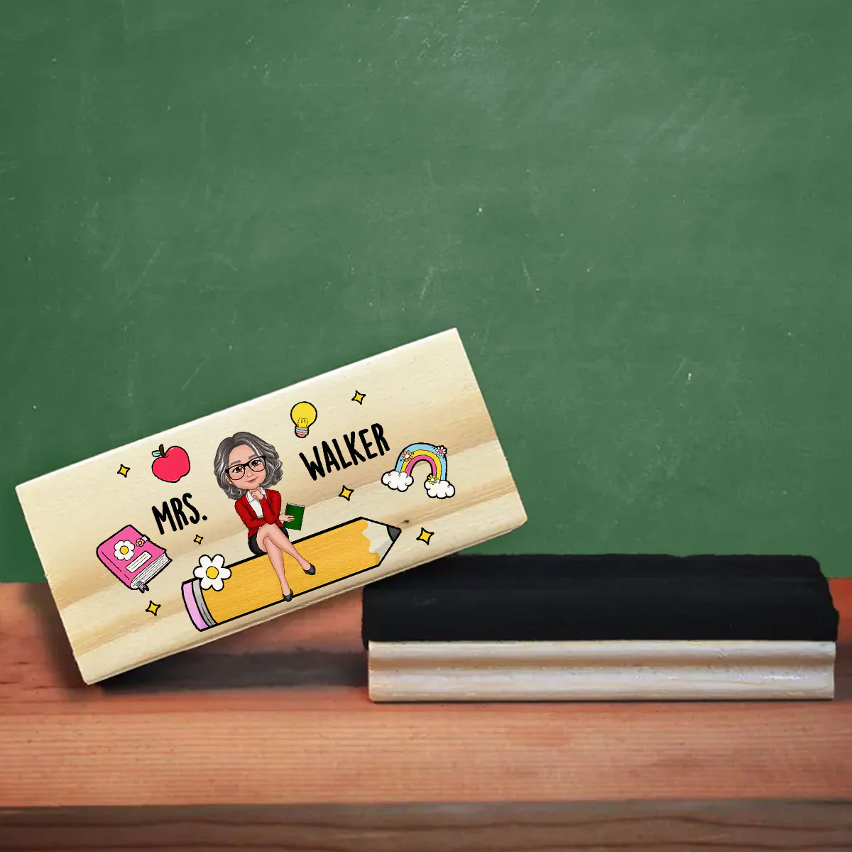 Teacher Sitting on Pencil Personalized Teacher Whiteboard Eraser, Custom Teacher Appreciation Gifts, Chalkboard Eraser with Marker - Image 7
