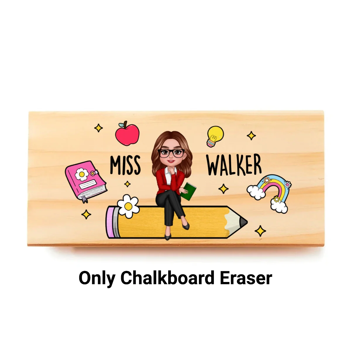Teacher Sitting on Pencil Personalized Teacher Whiteboard Eraser, Custom Teacher Appreciation Gifts, Chalkboard Eraser with Marker - Image 9