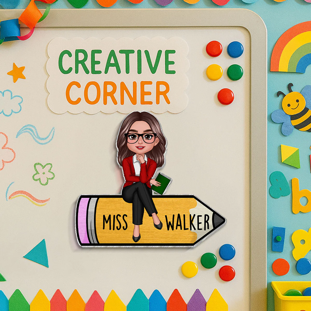 Teacher Sitting On Pencil Personalized Whiteboard Magnet, Classroom Decor - Image 2