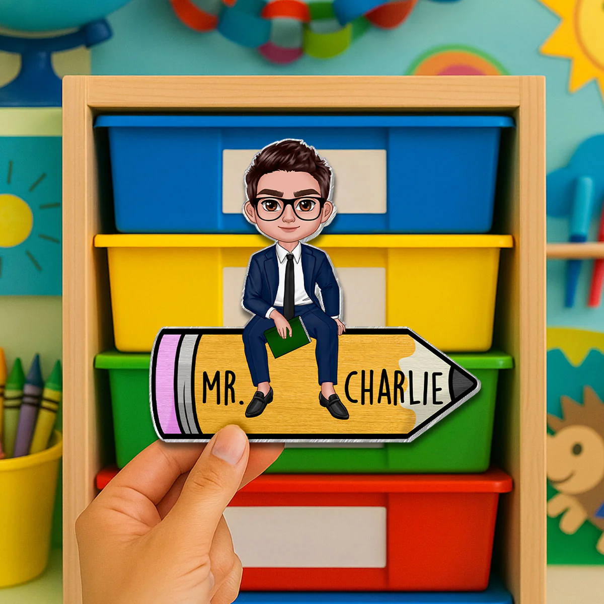 Teacher Sitting On Pencil Personalized Whiteboard Magnet, Classroom Decor - Image 3