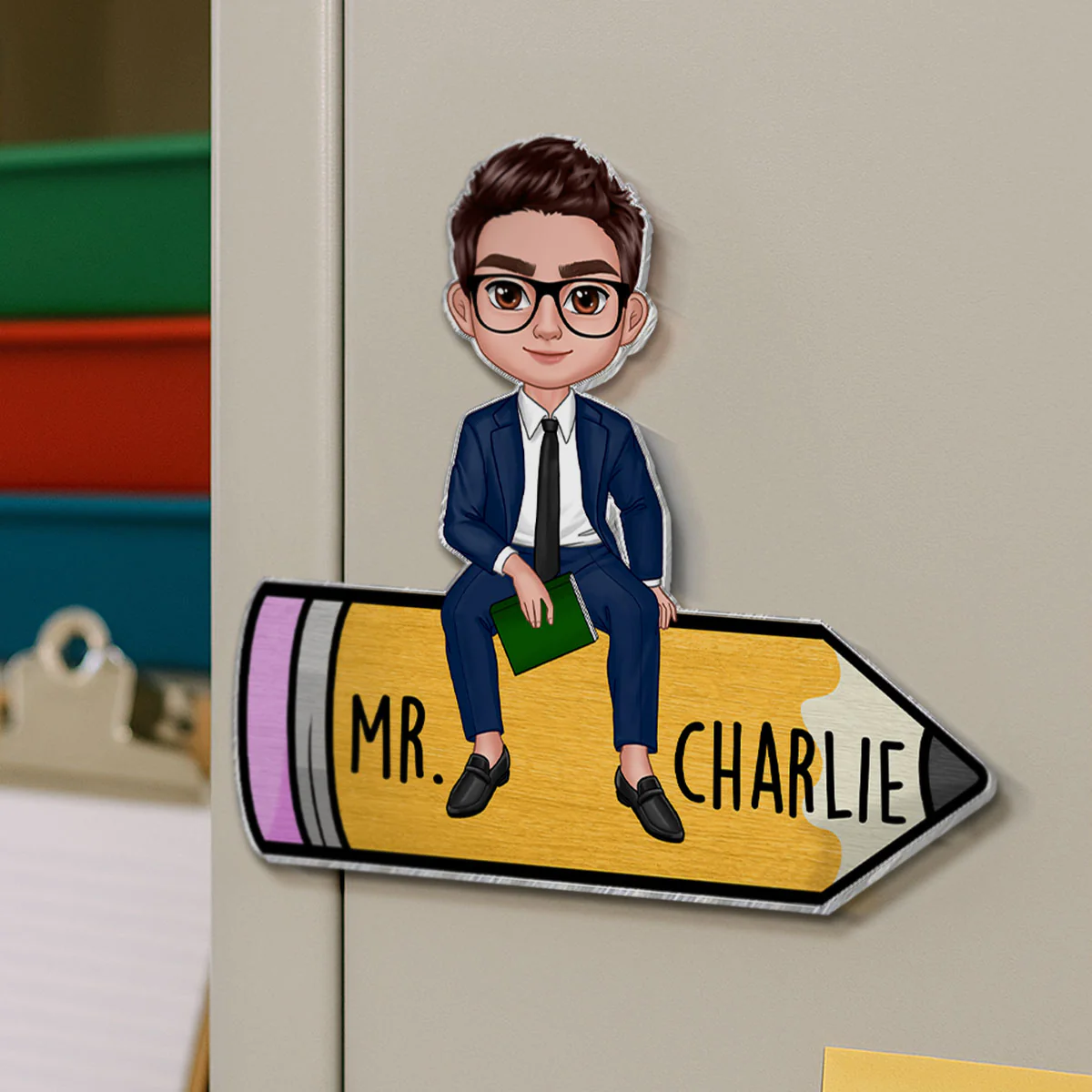Teacher Sitting On Pencil Personalized Whiteboard Magnet, Classroom Decor - Image 6