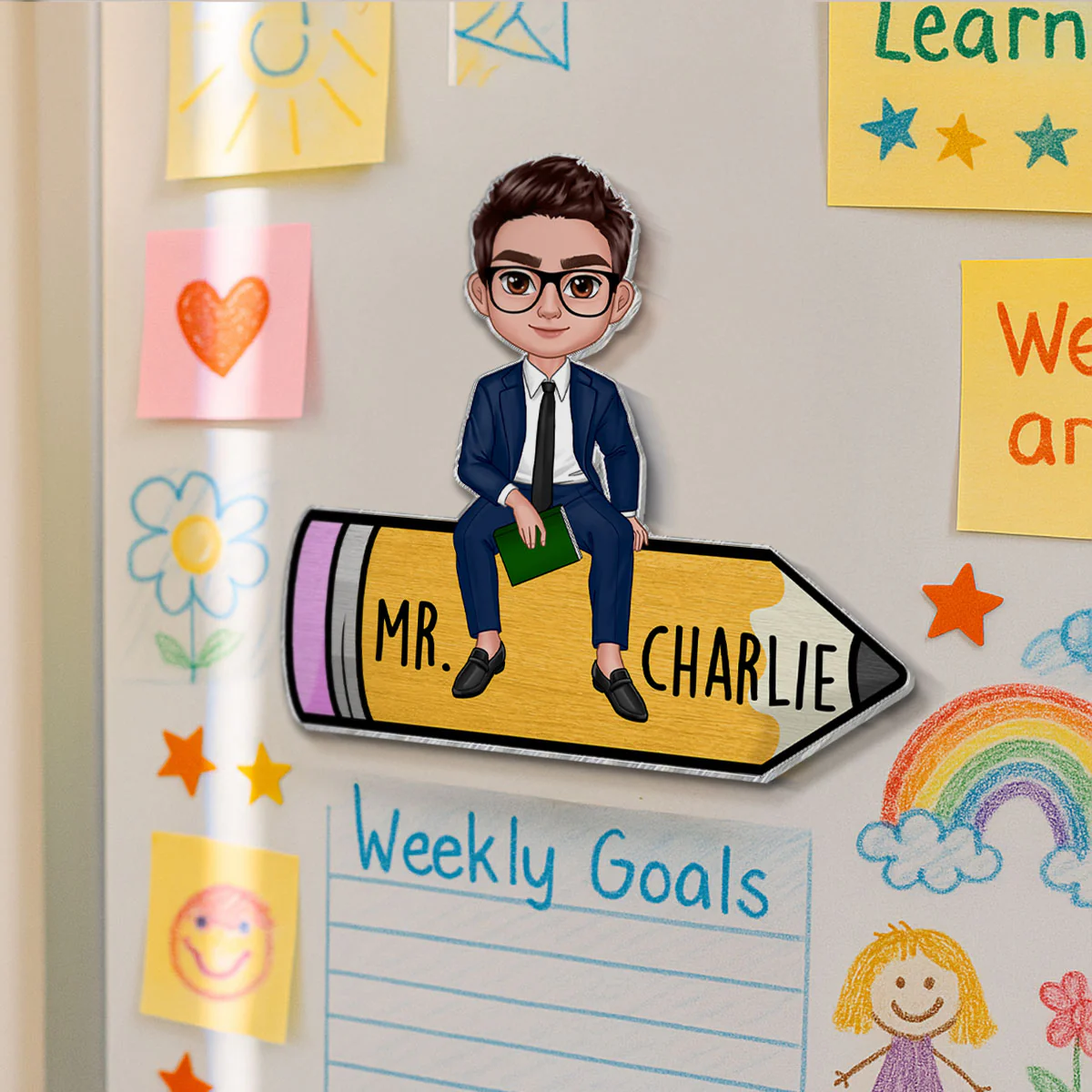 Teacher Sitting On Pencil Personalized Whiteboard Magnet, Classroom Decor - Image 9