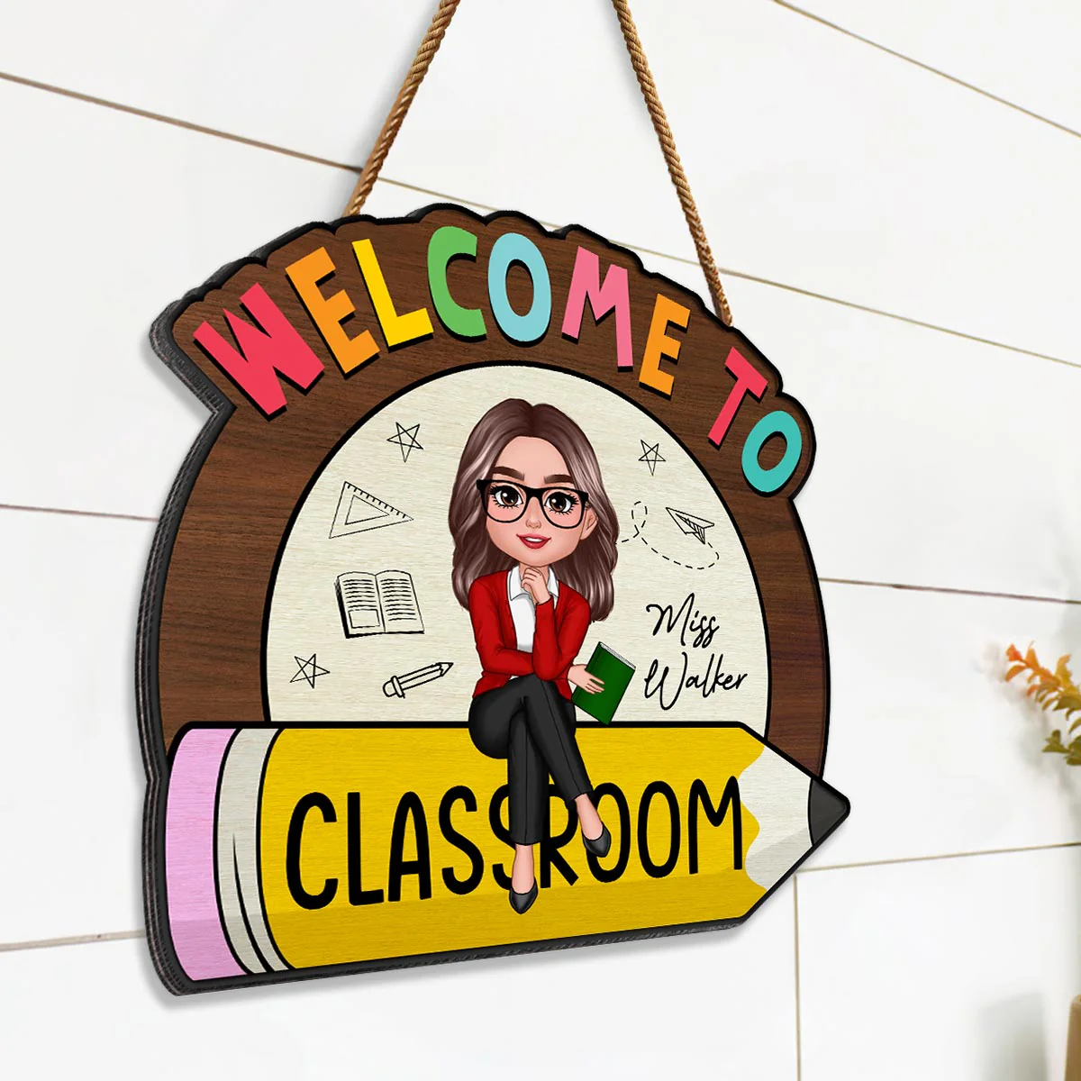 Teacher Sitting On Pencil Welcome To Classroom Personalized Wood Sign - Image 3