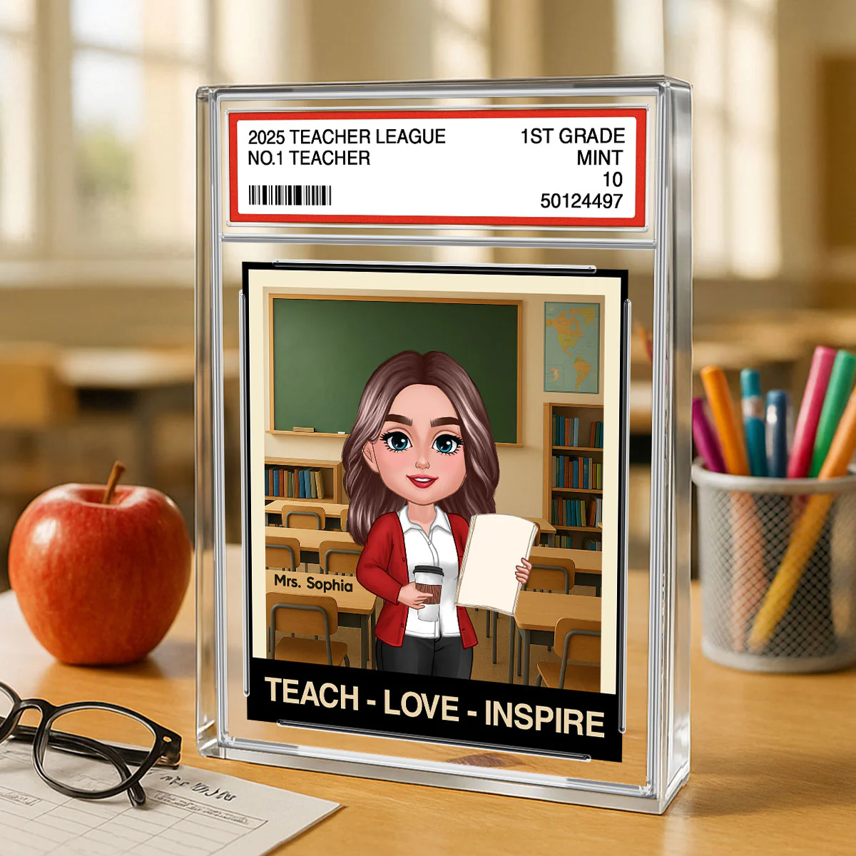 Teacher Teach Love Inspire Trading Card Style Personalized Rectangle Acrylic Block Plaque - Image 2