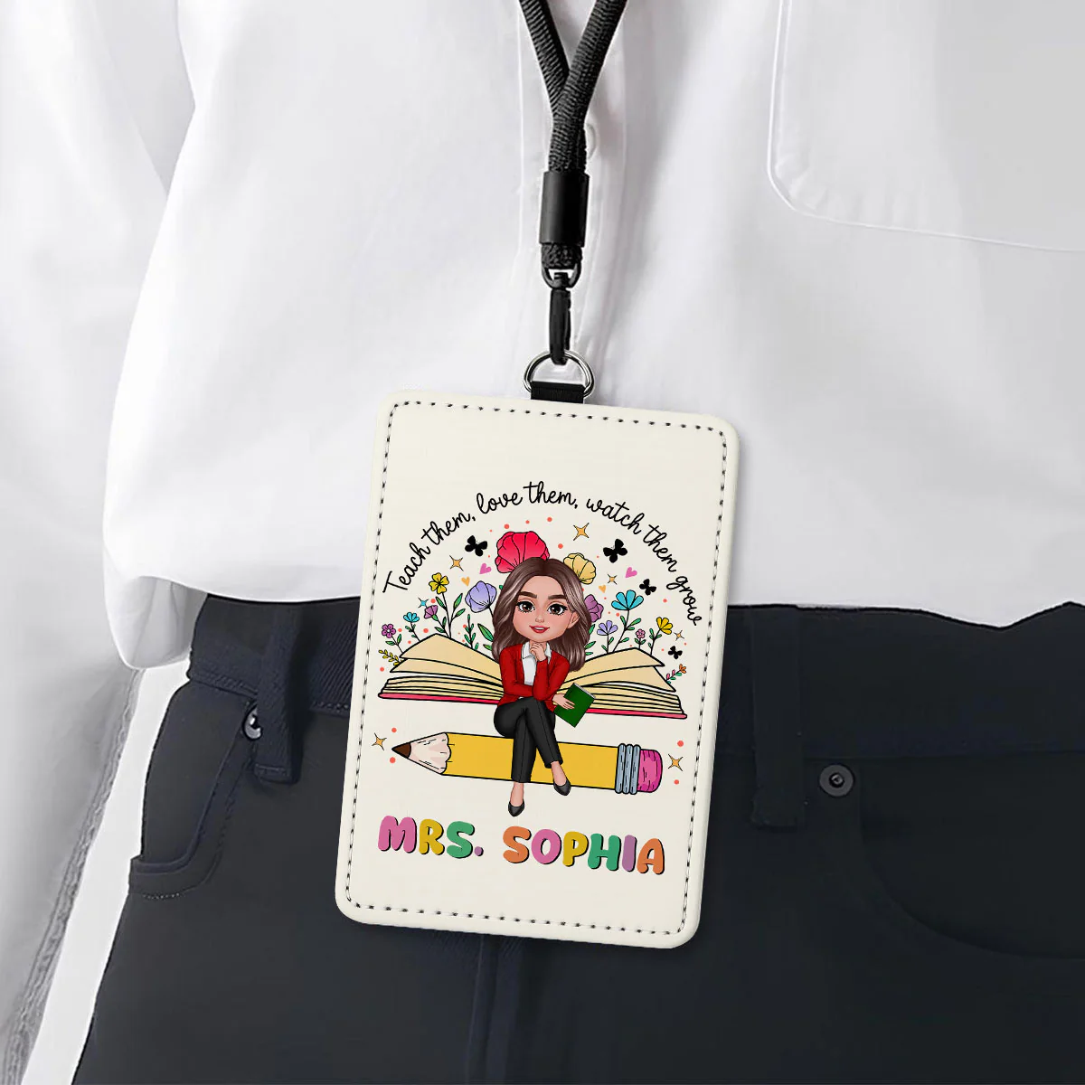 Teacher Teach Love Watch Them Grow Wildflowers Personalized ID Badge Holder, Back To School Gift - Image 2