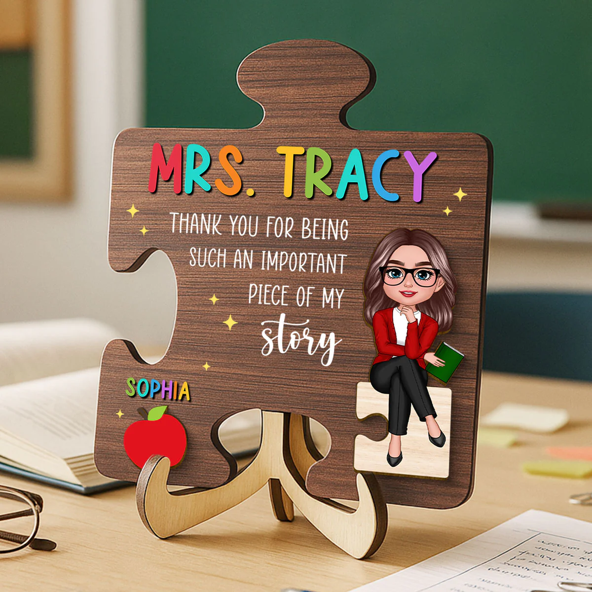Teacher Thank You For Being Important Piece Of My Story Personalized 2-Layer Wooden Plaque - Image 2