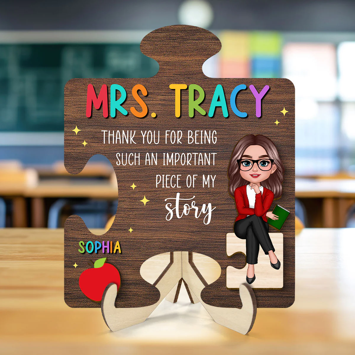 Teacher Thank You For Being Important Piece Of My Story Personalized 2-Layer Wooden Plaque - Image 3
