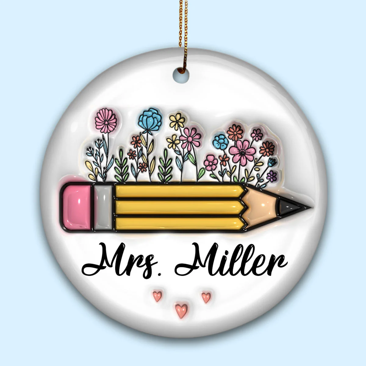 Teacher Things Pencil Apple 3D Inflated Personalized Ceramic Ornament - Image 2