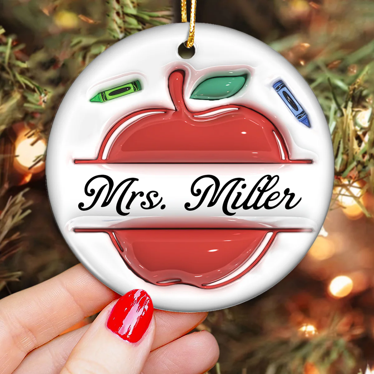 Teacher Things Pencil Apple 3D Inflated Personalized Ceramic Ornament - Image 3