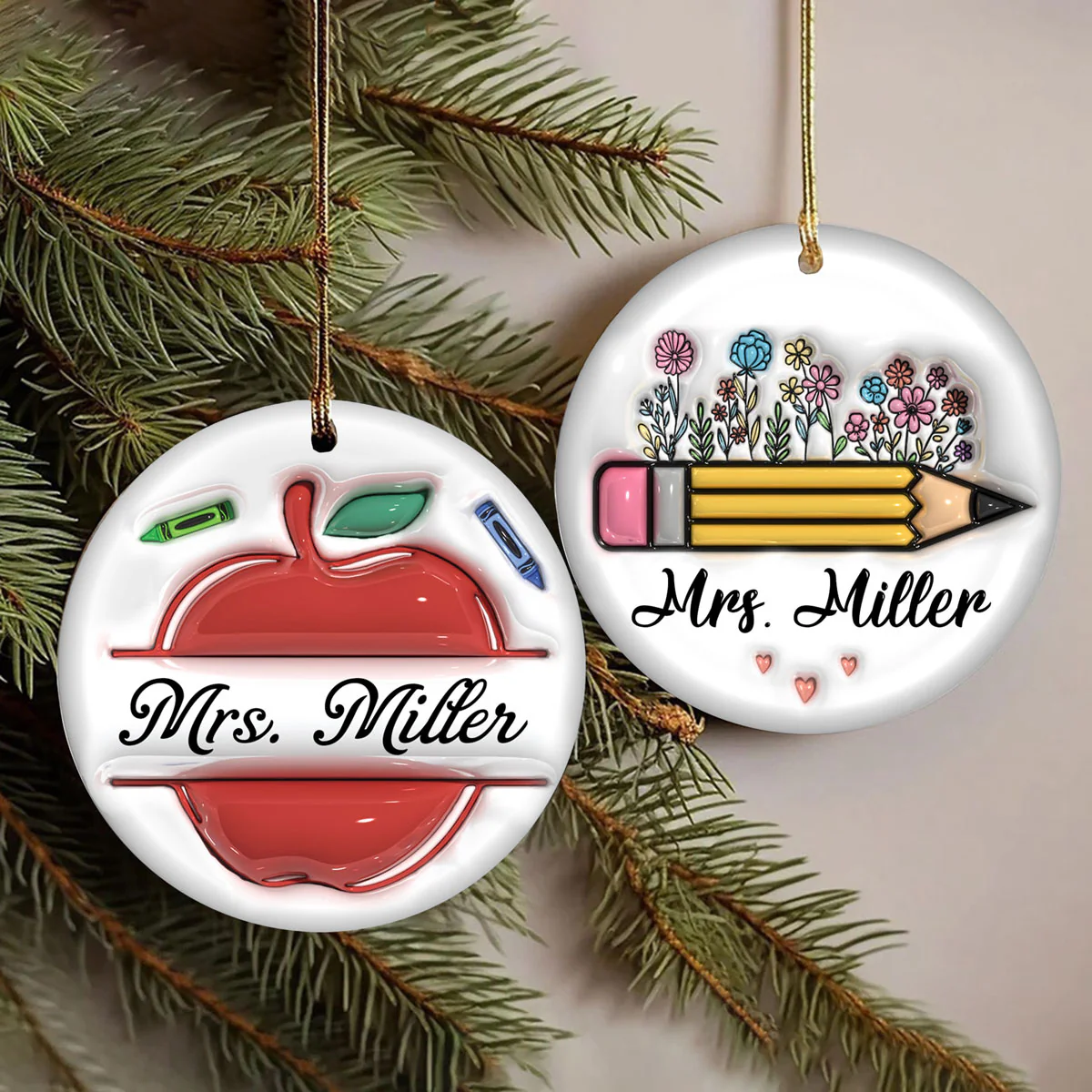 Teacher Things Pencil Apple 3D Inflated Personalized Ceramic Ornament - Image 4