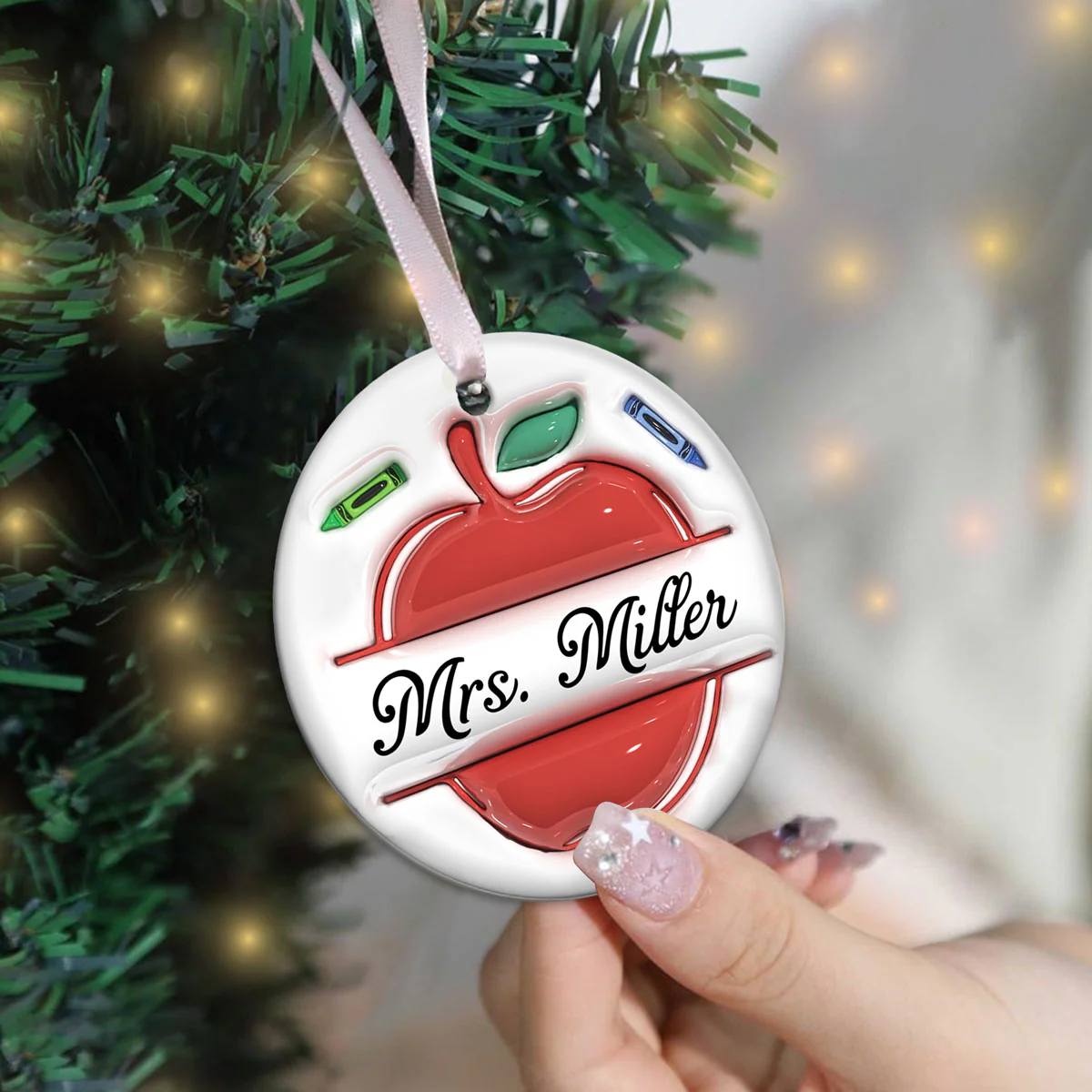 Teacher Things Pencil Apple 3D Inflated Personalized Ceramic Ornament - Image 5