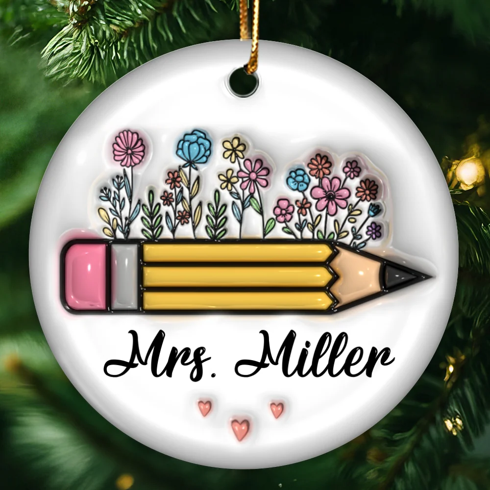 Teacher Things Pencil Apple 3D Inflated Personalized Ceramic Ornament - Image 8