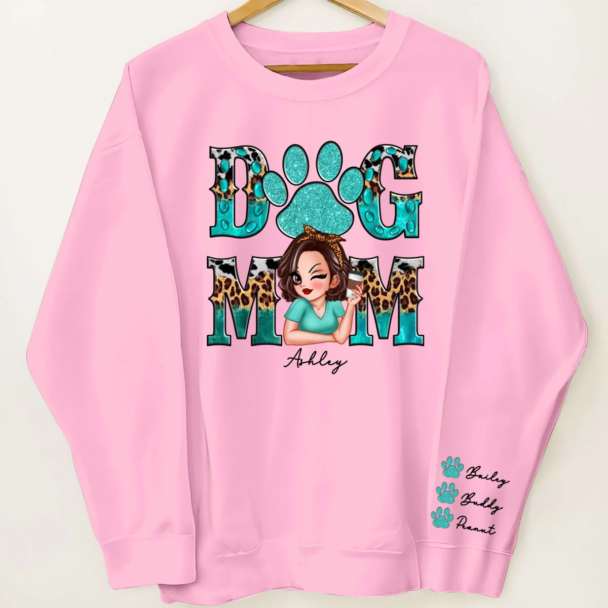Teal And Leopard Dog Mom Gift For Dog Lovers Personalized Sleeve Printed Sweatshirt - Image 11
