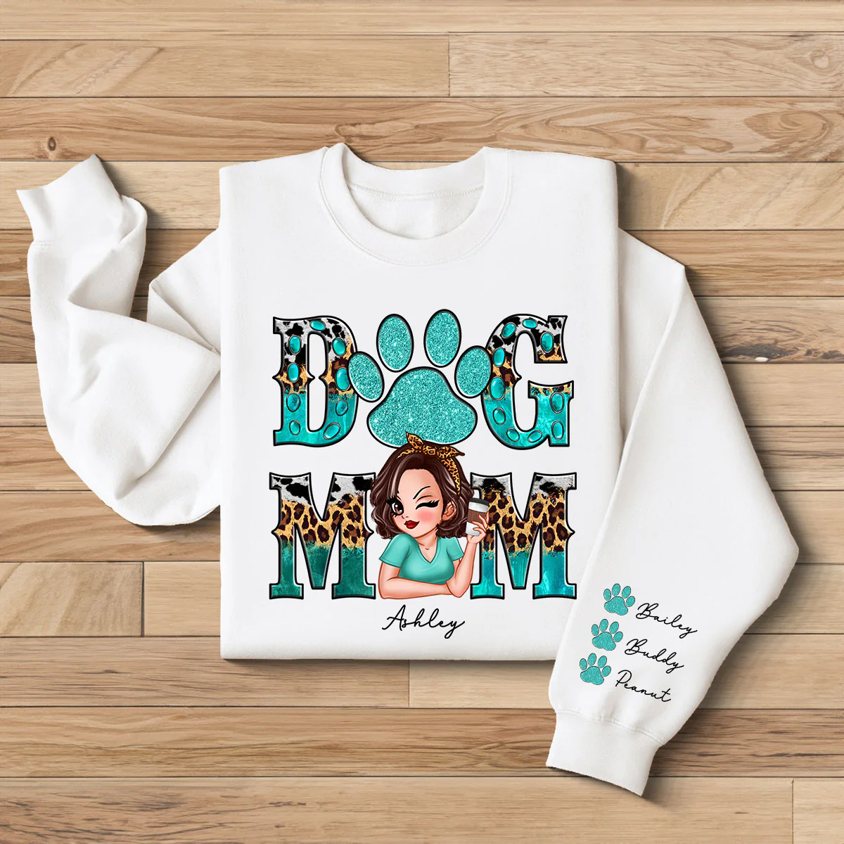 Teal And Leopard Dog Mom Gift For Dog Lovers Personalized Sleeve Printed Sweatshirt - Image 2