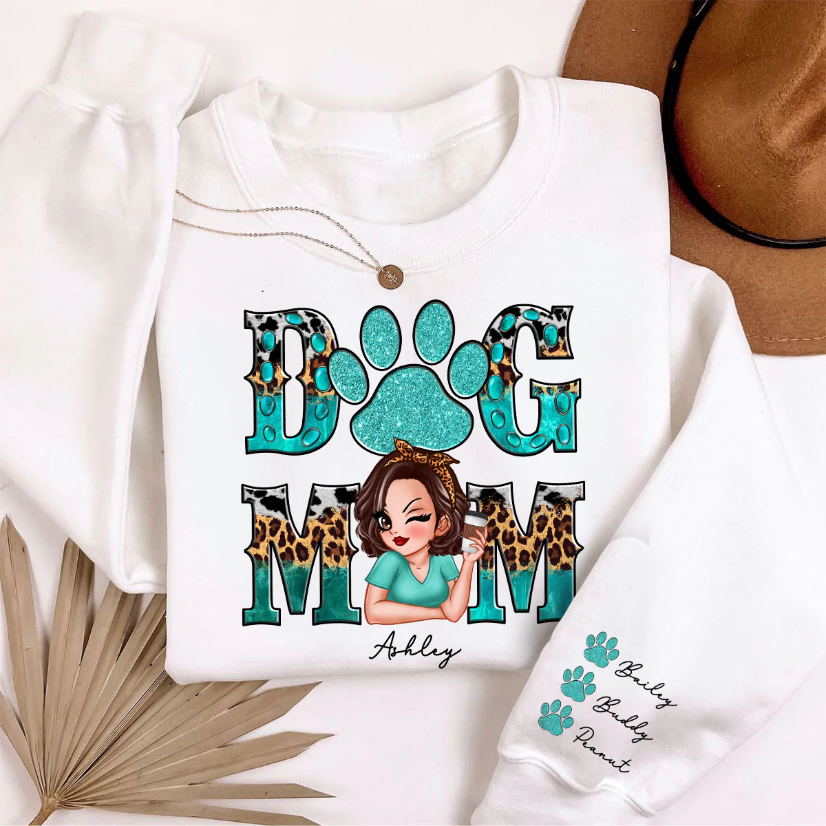 Teal And Leopard Dog Mom Gift For Dog Lovers Personalized Sleeve Printed Sweatshirt - Image 5