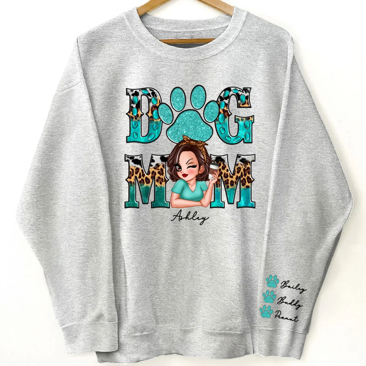 Teal And Leopard Dog Mom Gift For Dog Lovers Personalized Sleeve Printed Sweatshirt - Image 9