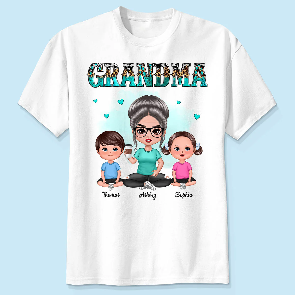 Teal And Leopard Doll Grandma And Grandkids Sitting Personalized Shirt