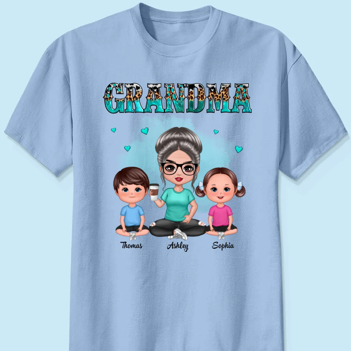 Teal And Leopard Doll Grandma And Grandkids Sitting Personalized Shirt - Image 10