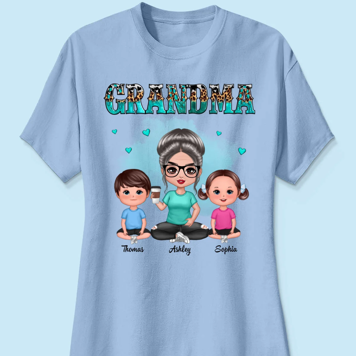 Teal And Leopard Doll Grandma And Grandkids Sitting Personalized Shirt - Image 14