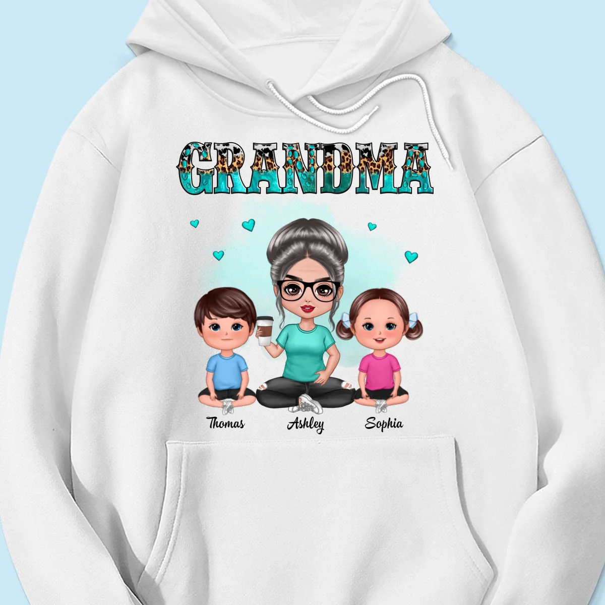 Teal And Leopard Doll Grandma And Grandkids Sitting Personalized Shirt - Image 15