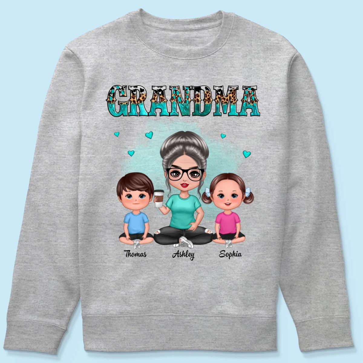 Teal And Leopard Doll Grandma And Grandkids Sitting Personalized Shirt - Image 20