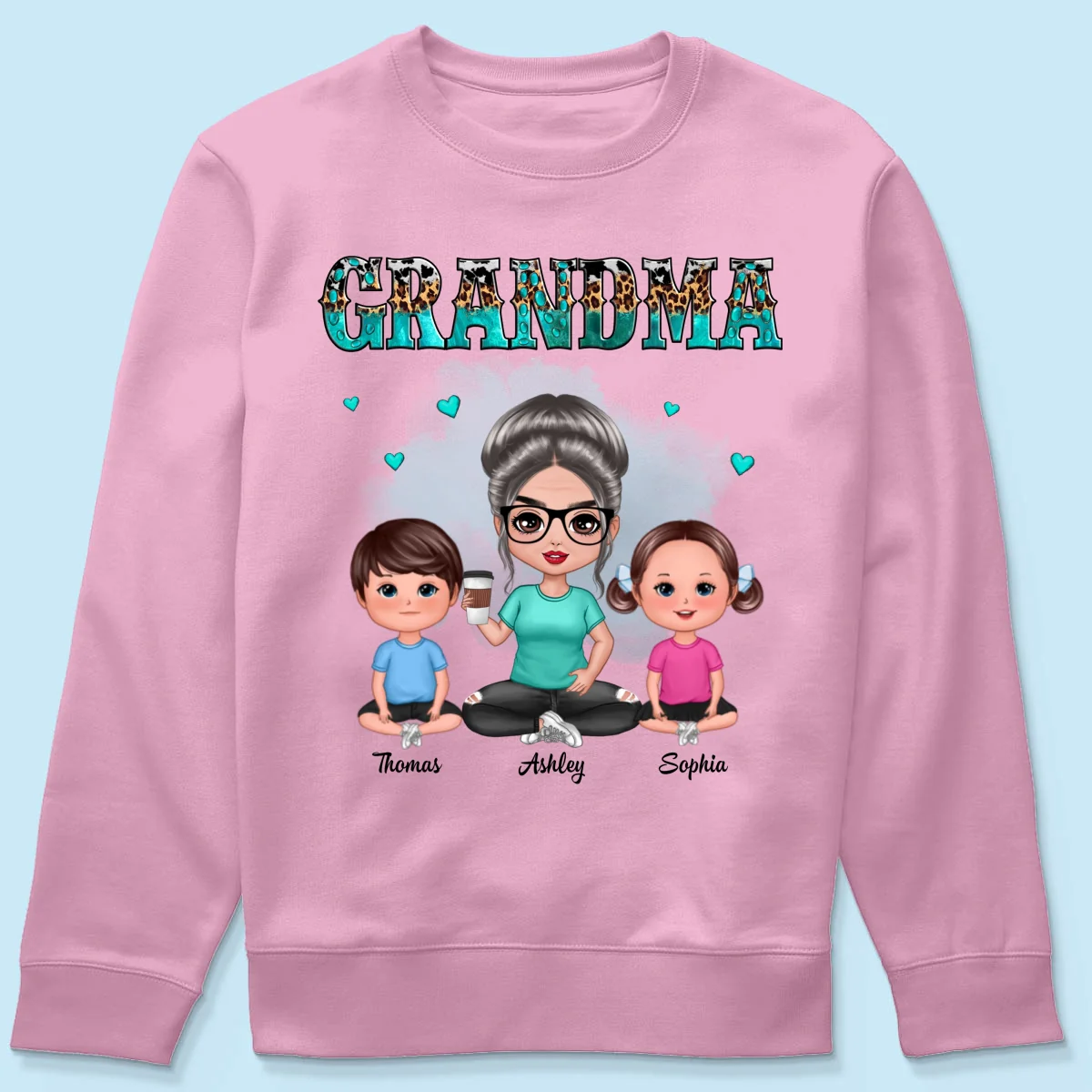 Teal And Leopard Doll Grandma And Grandkids Sitting Personalized Shirt - Image 21