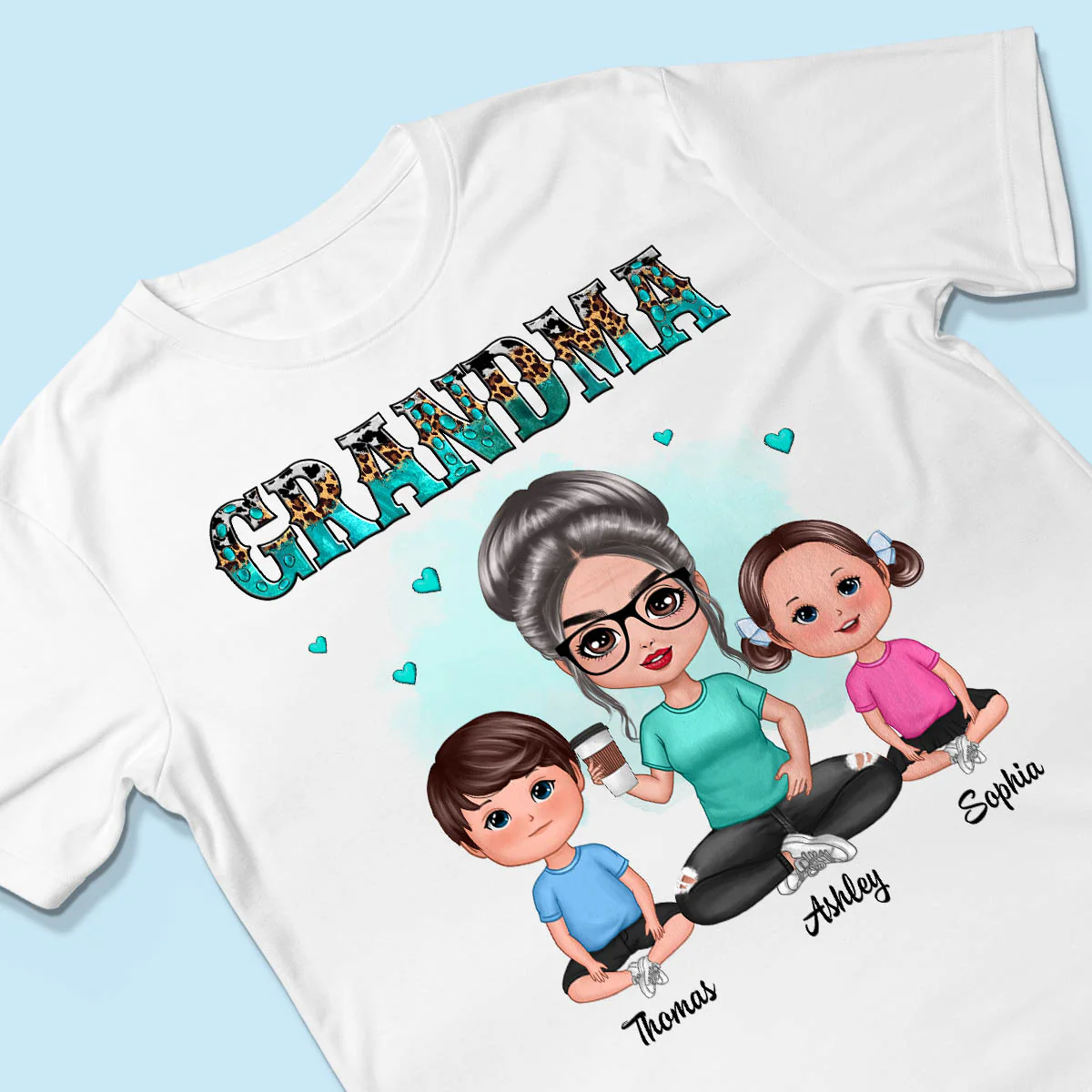 Teal And Leopard Doll Grandma And Grandkids Sitting Personalized Shirt - Image 3