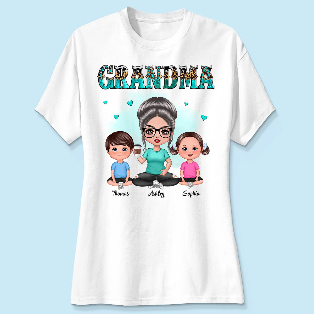 Teal And Leopard Doll Grandma And Grandkids Sitting Personalized Shirt - Image 4