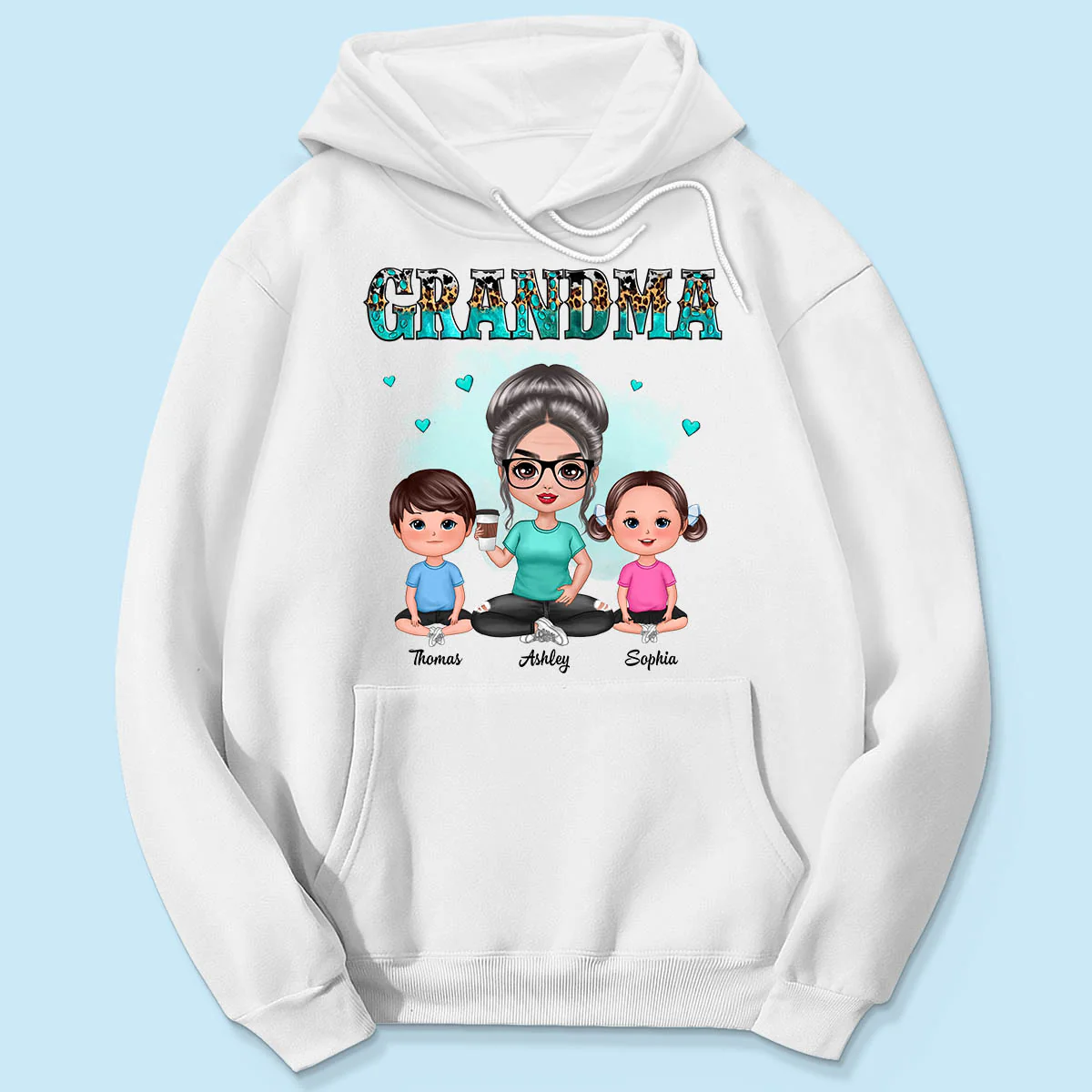 Teal And Leopard Doll Grandma And Grandkids Sitting Personalized Shirt - Image 5