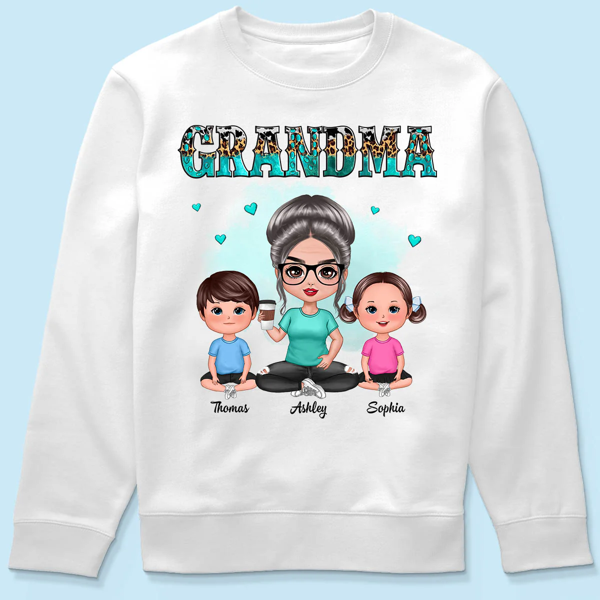 Teal And Leopard Doll Grandma And Grandkids Sitting Personalized Shirt - Image 6