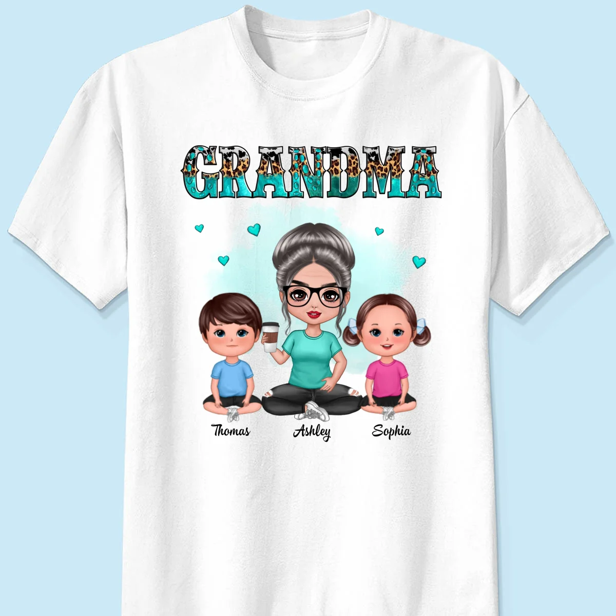 Teal And Leopard Doll Grandma And Grandkids Sitting Personalized Shirt - Image 7