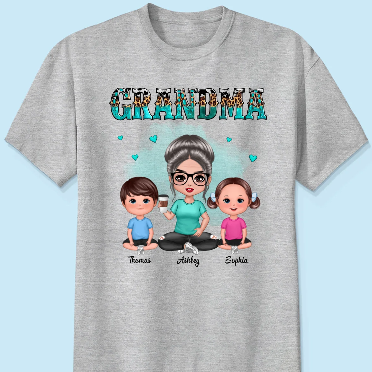 Teal And Leopard Doll Grandma And Grandkids Sitting Personalized Shirt - Image 8
