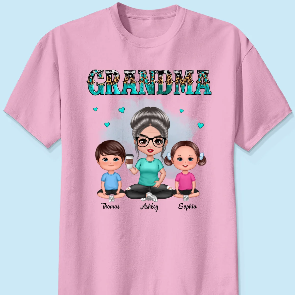 Teal And Leopard Doll Grandma And Grandkids Sitting Personalized Shirt - Image 9