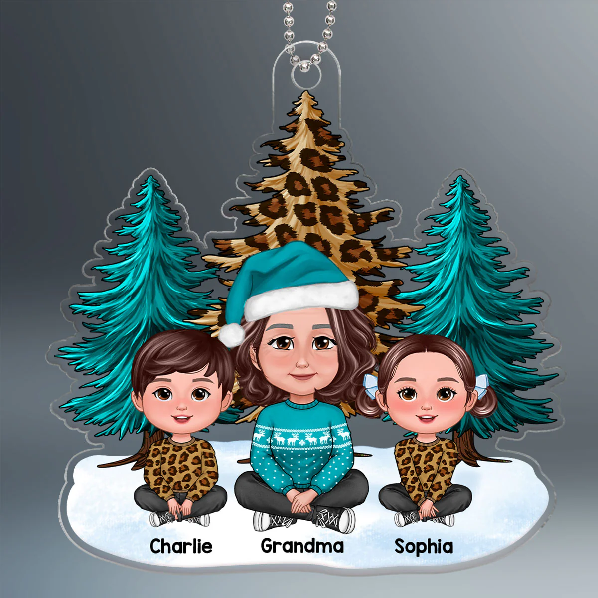 Teal And Leopard Grandma Grandkids Christmas Gift Personalized Acrylic Ornament - Image 2