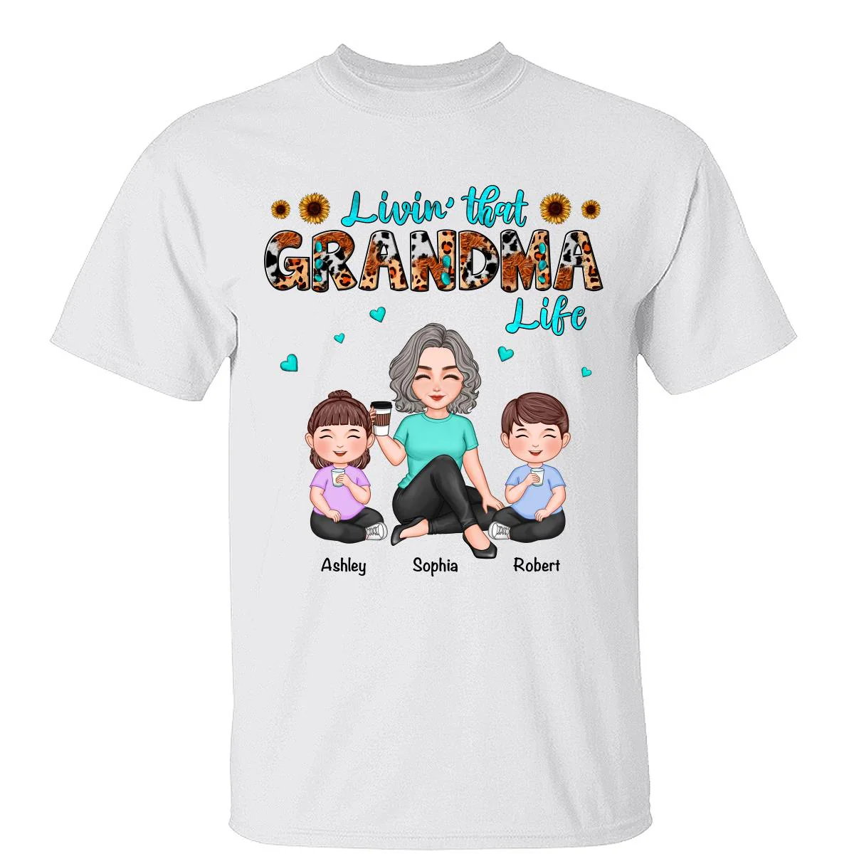 Teal And Leopard Livin‘ That Grandma Mom Life Cute Grandma & Kids Personalized Shirt