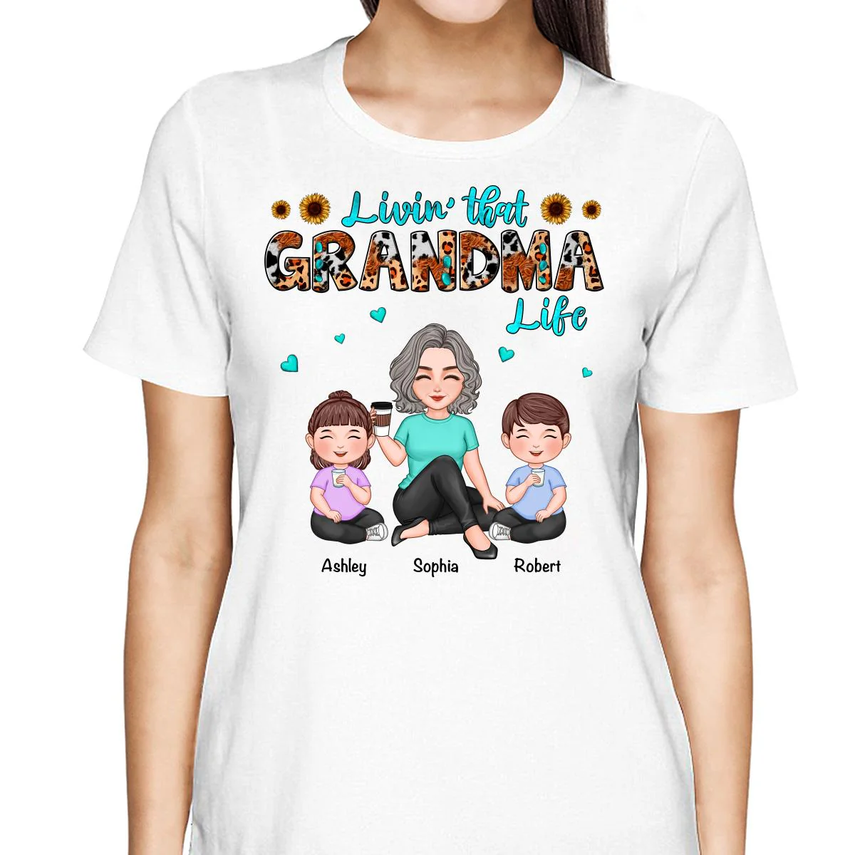 Teal And Leopard Livin‘ That Grandma Mom Life Cute Grandma & Kids Personalized Shirt - Image 2