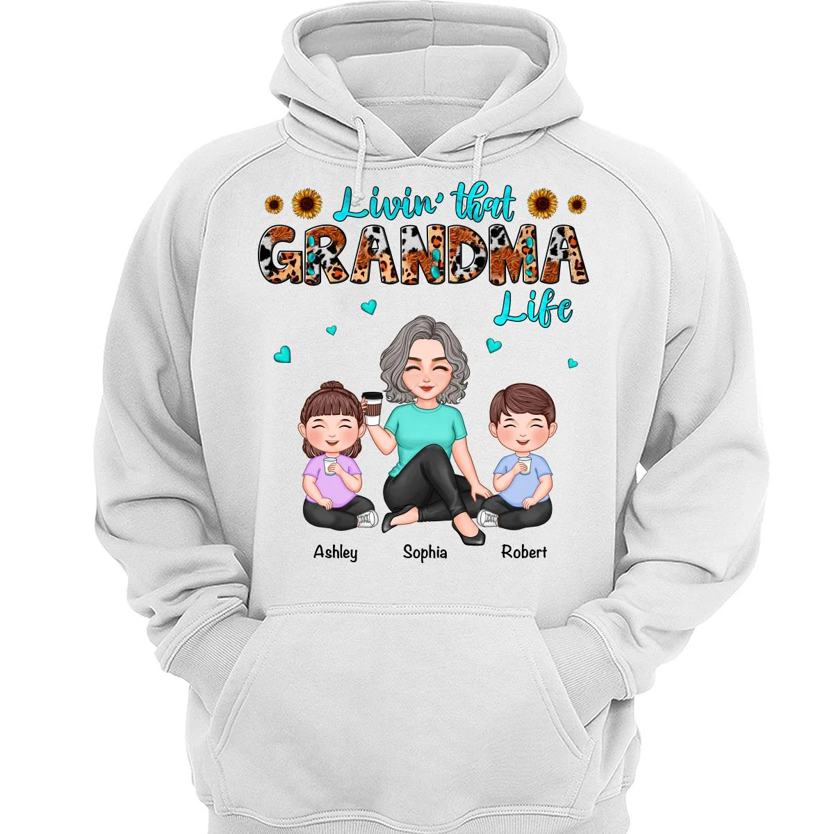 Teal And Leopard Livin‘ That Grandma Mom Life Cute Grandma & Kids Personalized Shirt - Image 3