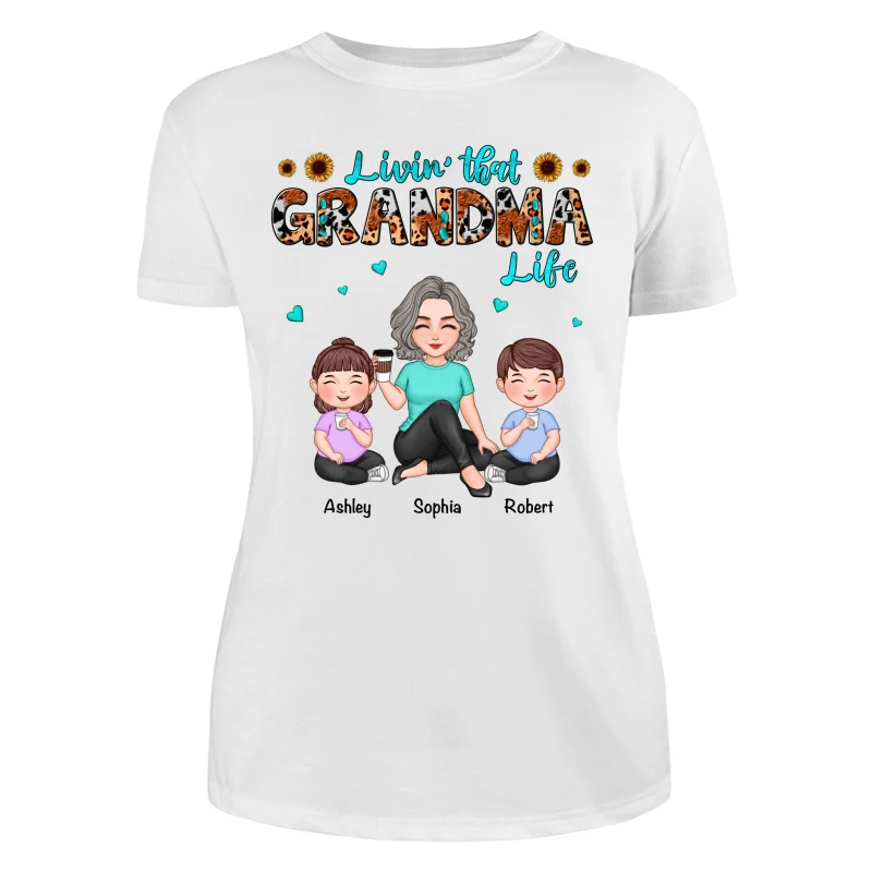 Teal And Leopard Livin‘ That Grandma Mom Life Cute Grandma & Kids Personalized Shirt - Image 9