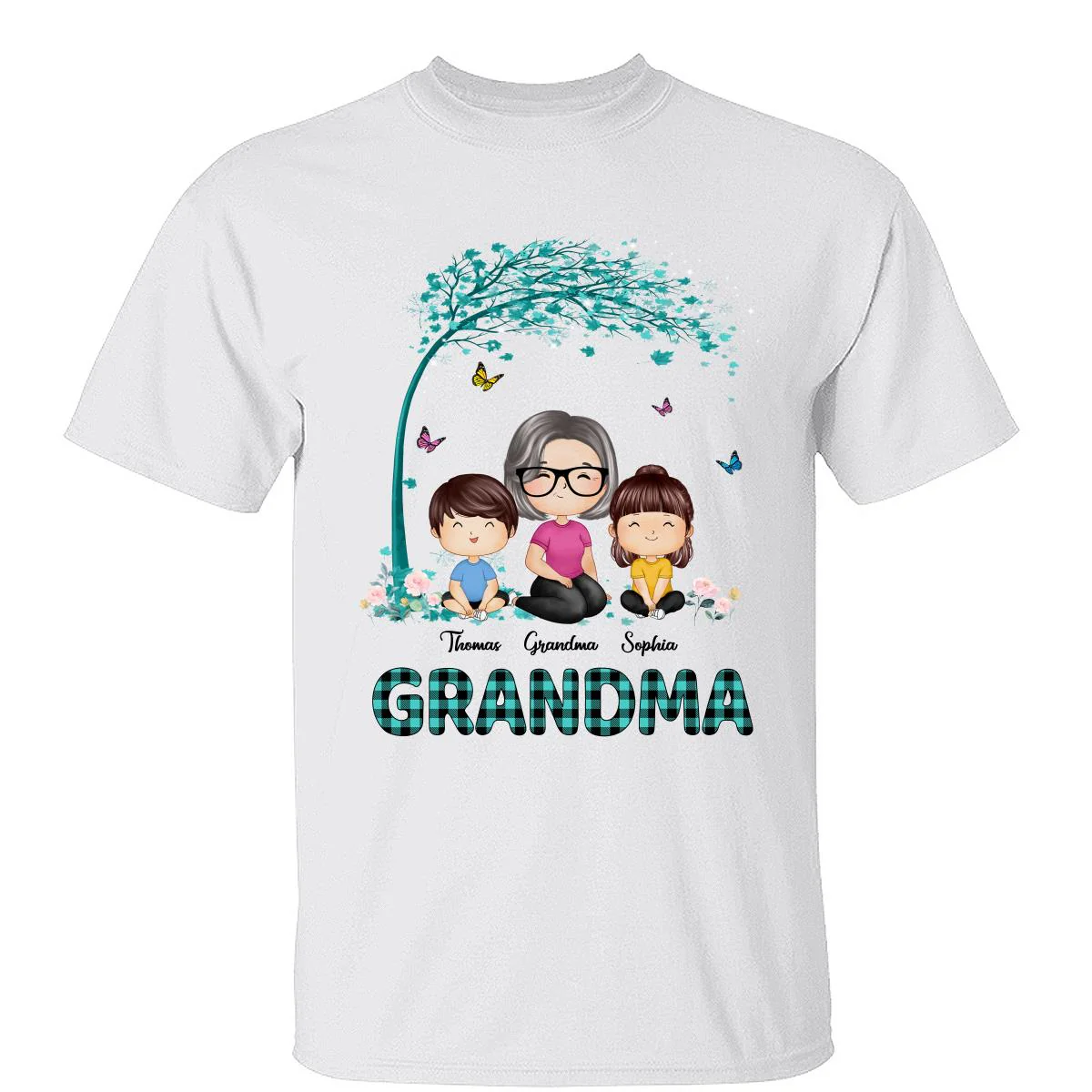Teal Buffalo Plaid Pattern Doll Grandma Grandkids Watercolor Style Personalized Shirt