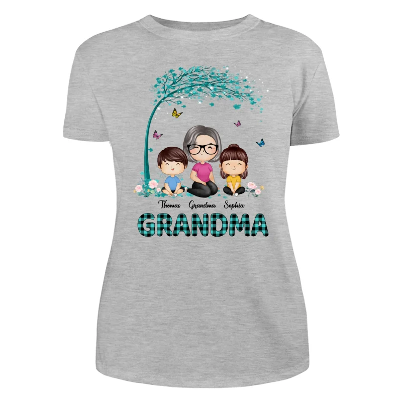 Teal Buffalo Plaid Pattern Doll Grandma Grandkids Watercolor Style Personalized Shirt - Image 10