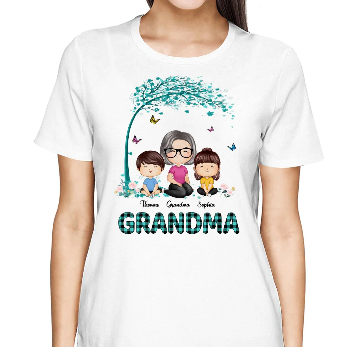 Teal Buffalo Plaid Pattern Doll Grandma Grandkids Watercolor Style Personalized Shirt - Image 2