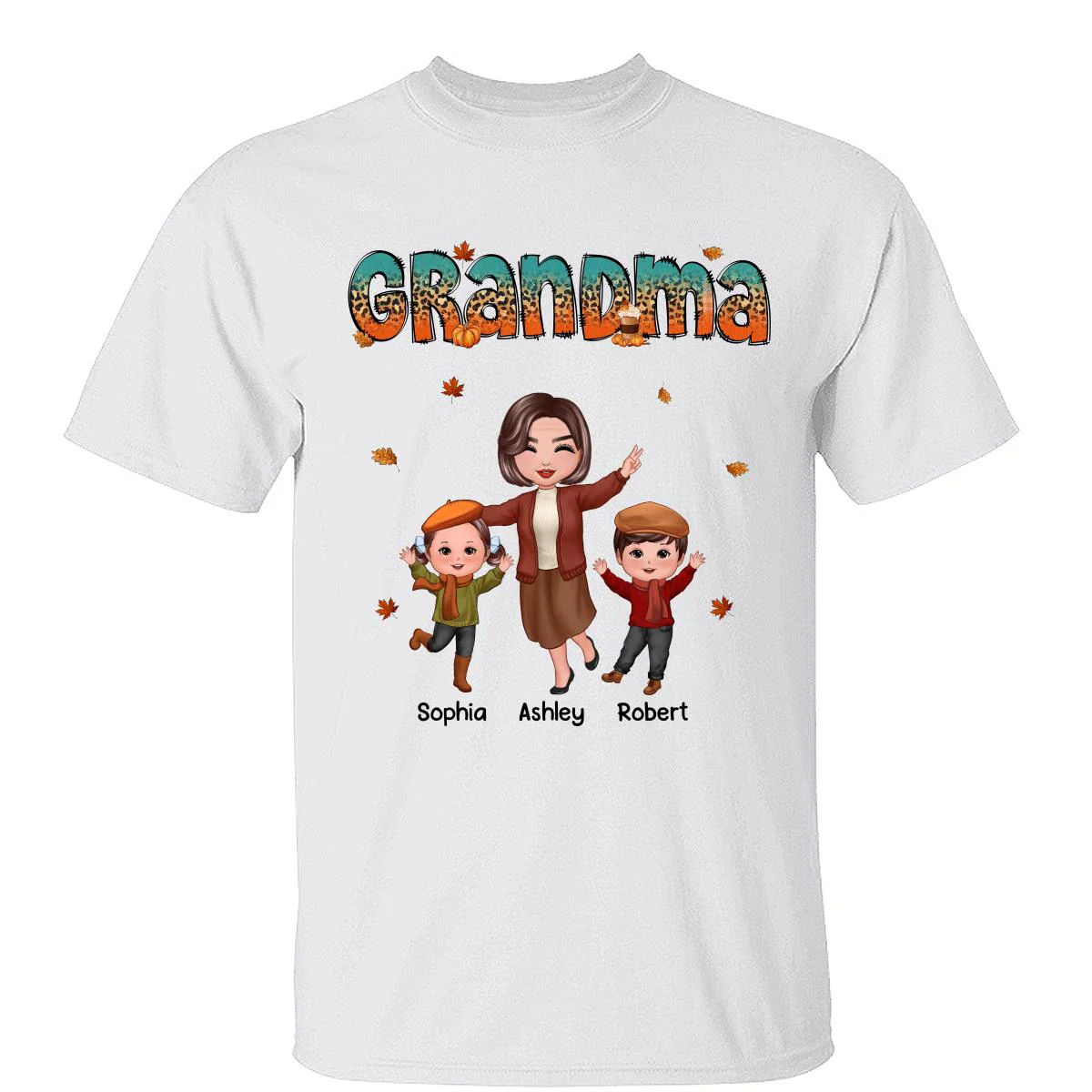 Teal Orange And Leopard Fall Season Happy Grandma Grandkids Personalized Shirt