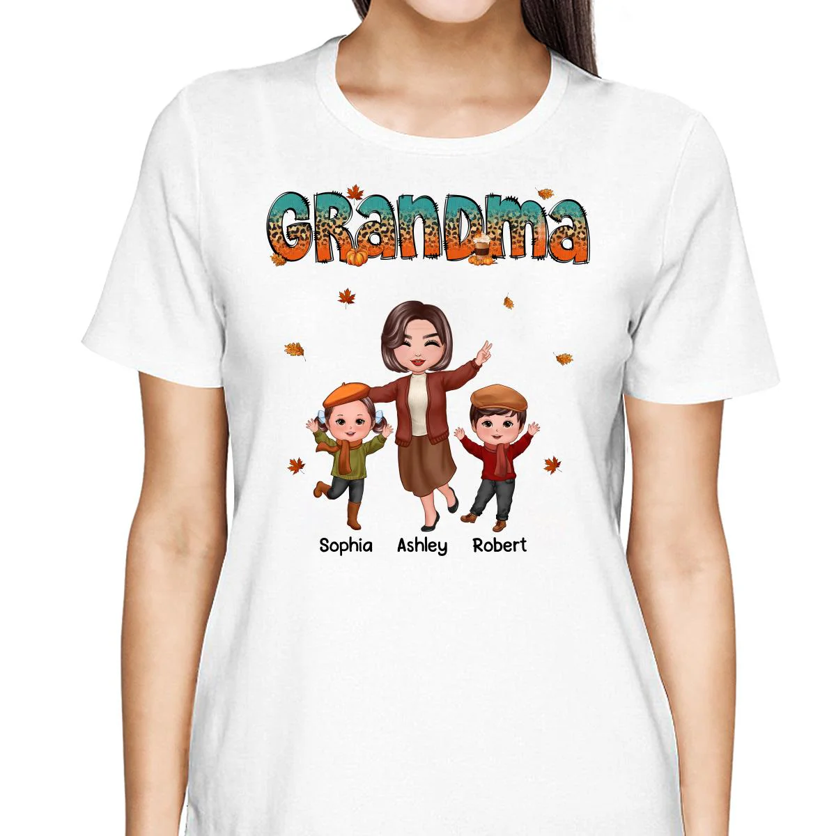 Teal Orange And Leopard Fall Season Happy Grandma Grandkids Personalized Shirt - Image 2
