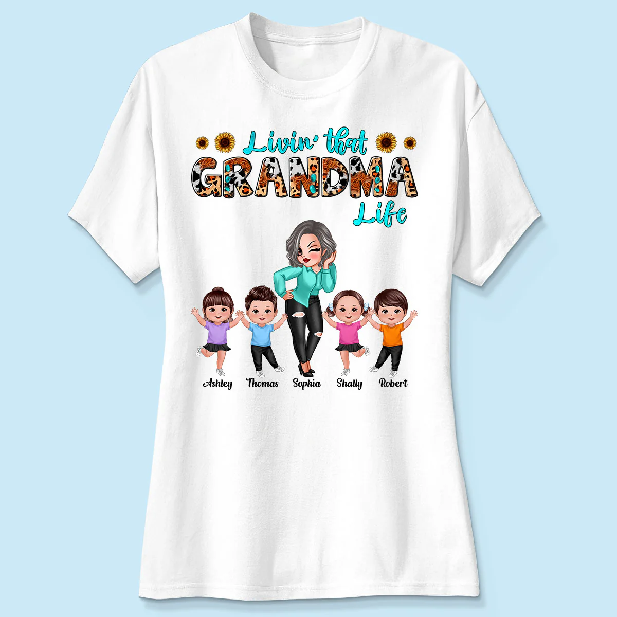 Teal And Leopard Livin‘ That Grandma Mom Life Personalized Shirt - Image 4