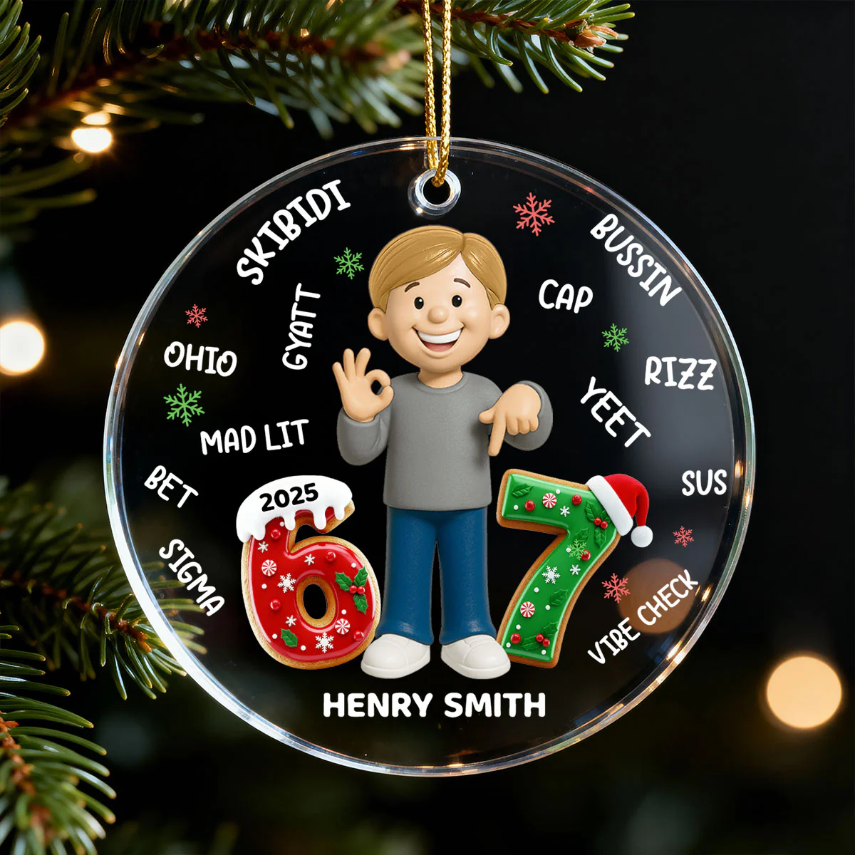 Teen Kid Custom Name Six Seven 3D Effect - Personalized Acrylic Ornament - 2025 Slang, Funny Teen Grandkid, Gen Alpha Christmas Gift - Image 4