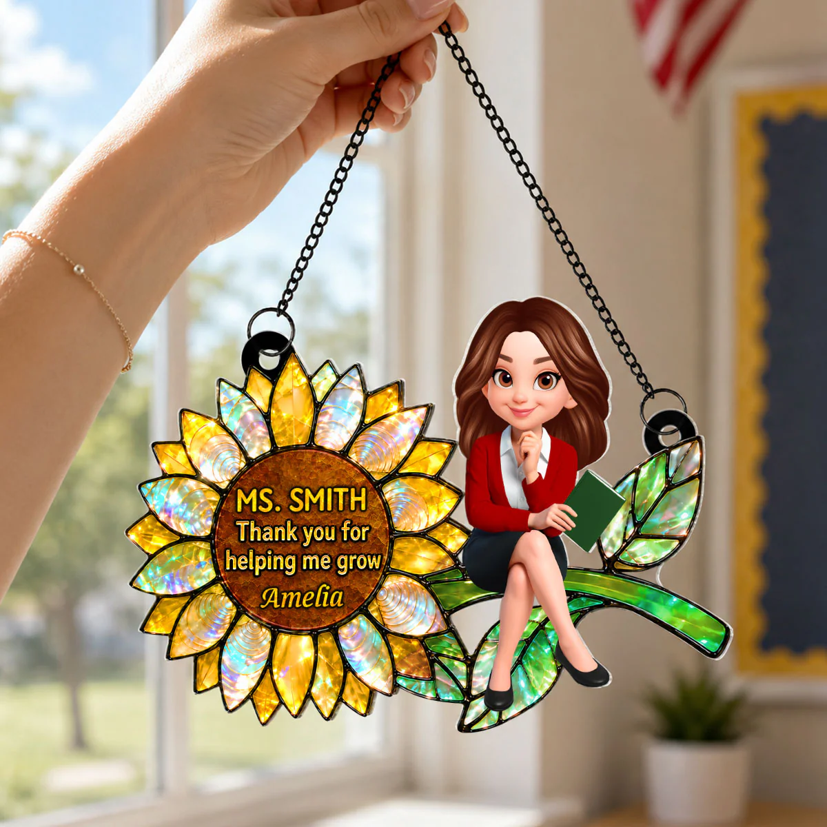 Thank You for Helping Me Grow Teacher - Personalized Acrylic Suncatcher - Teacher Appreciation Gift, End of School Year Gift - Image 2