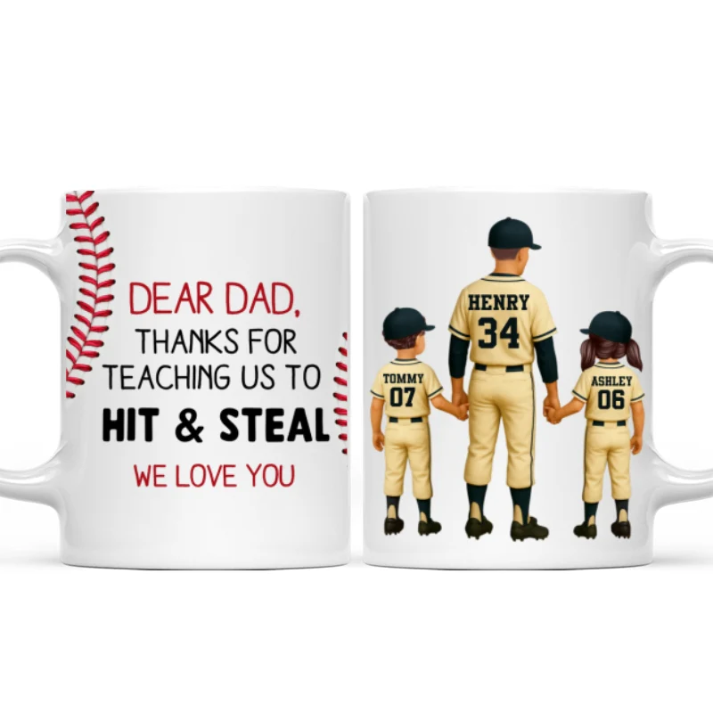 Thank You For Teaching Us To Hit & Steal Baseball Dad & Kids - Personalized Mug - Father's Day Gift For Dad, Husband - Image 10
