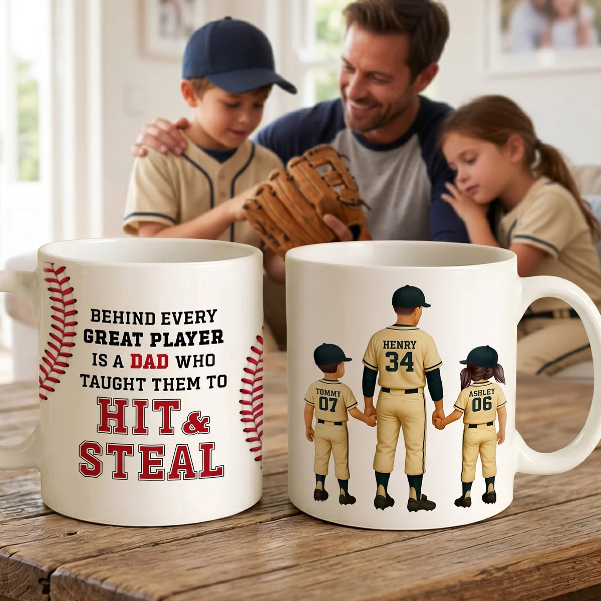 Thank You For Teaching Us To Hit & Steal Baseball Dad & Kids - Personalized Mug - Father's Day Gift For Dad, Husband - Image 2