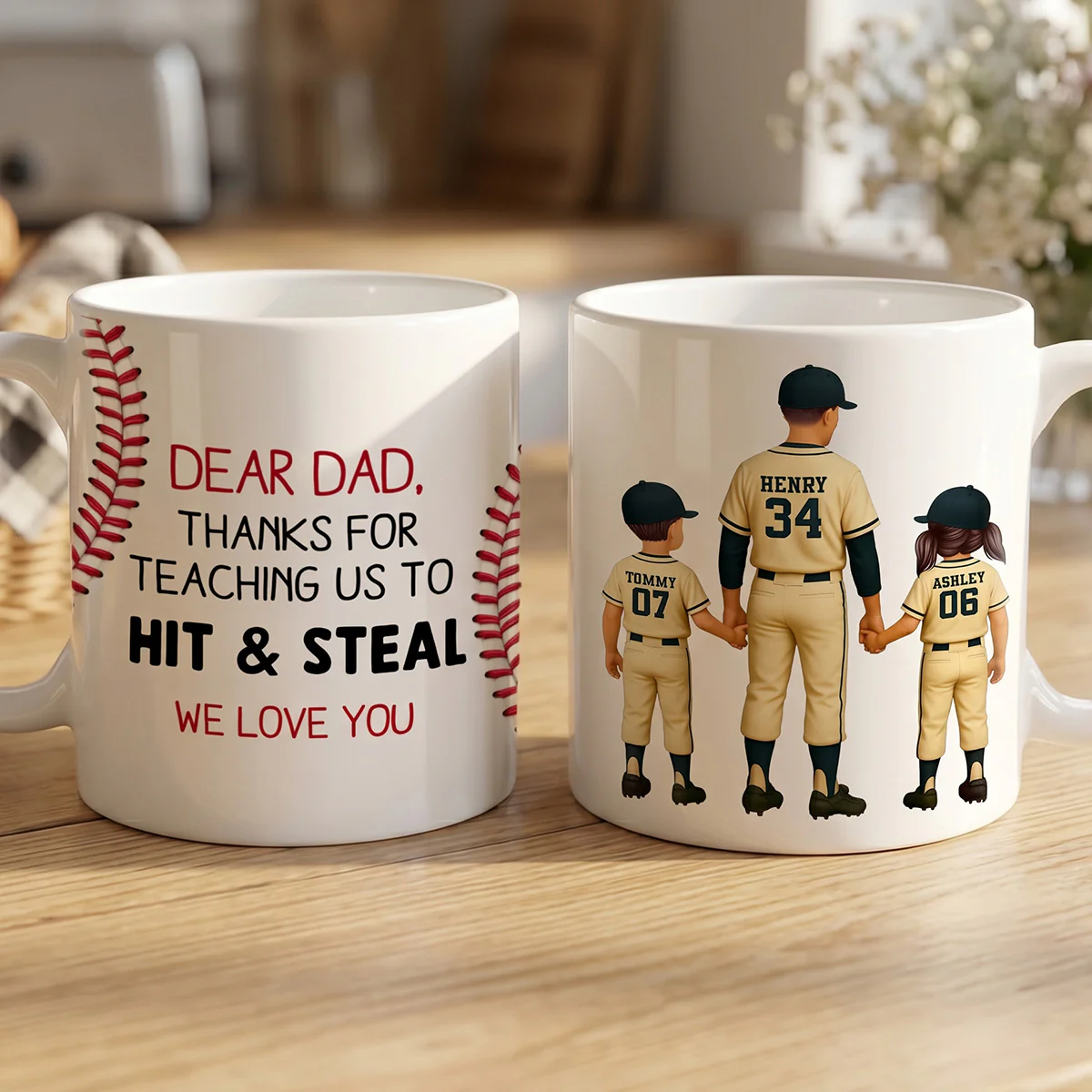 Thank You For Teaching Us To Hit & Steal Baseball Dad & Kids - Personalized Mug - Father's Day Gift For Dad, Husband - Image 3