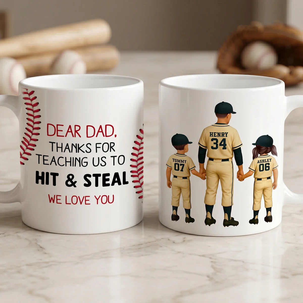 Thank You For Teaching Us To Hit & Steal Baseball Dad & Kids - Personalized Mug - Father's Day Gift For Dad, Husband - Image 4